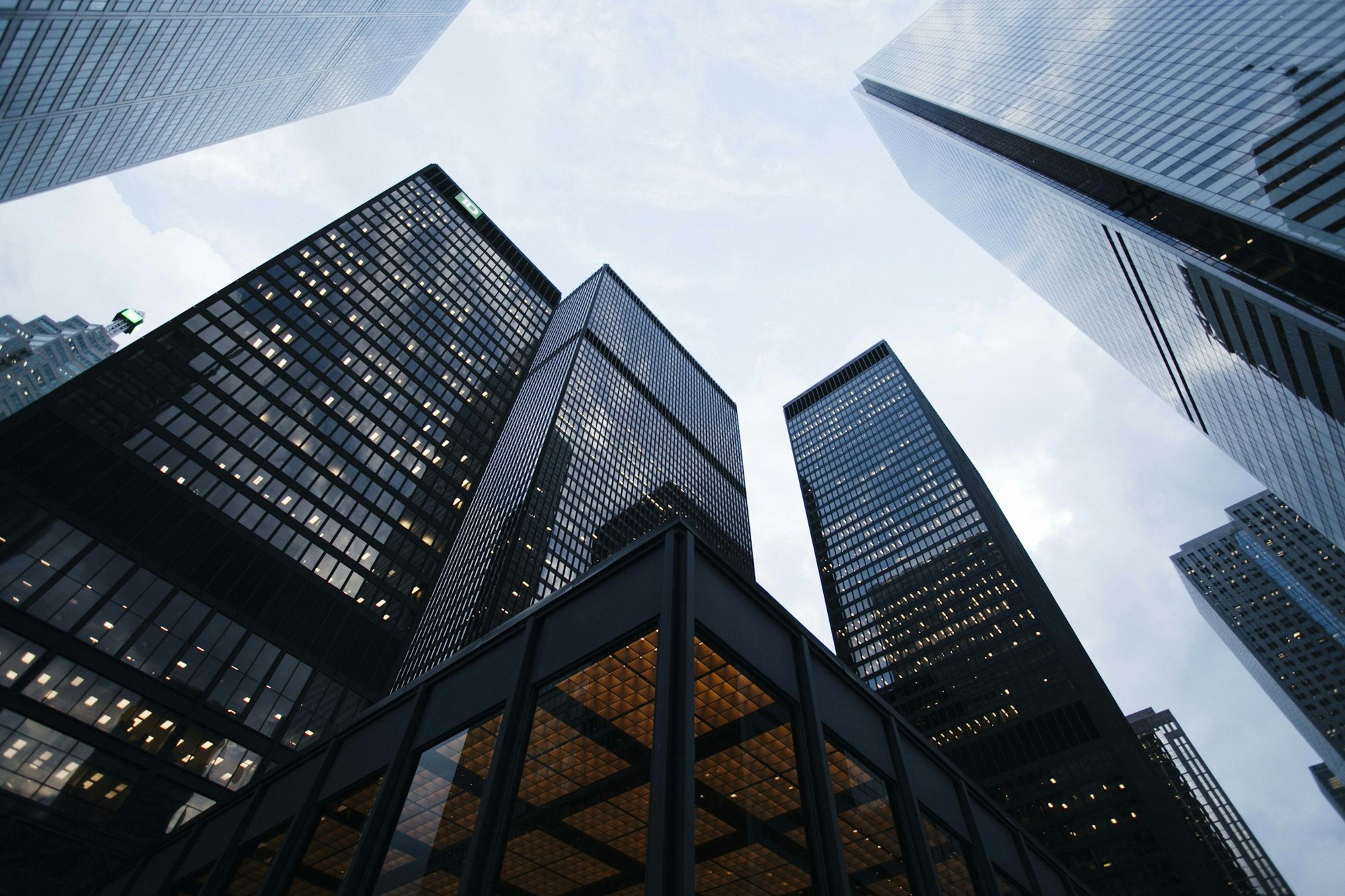 Contemporary commercial towers viewed from street level